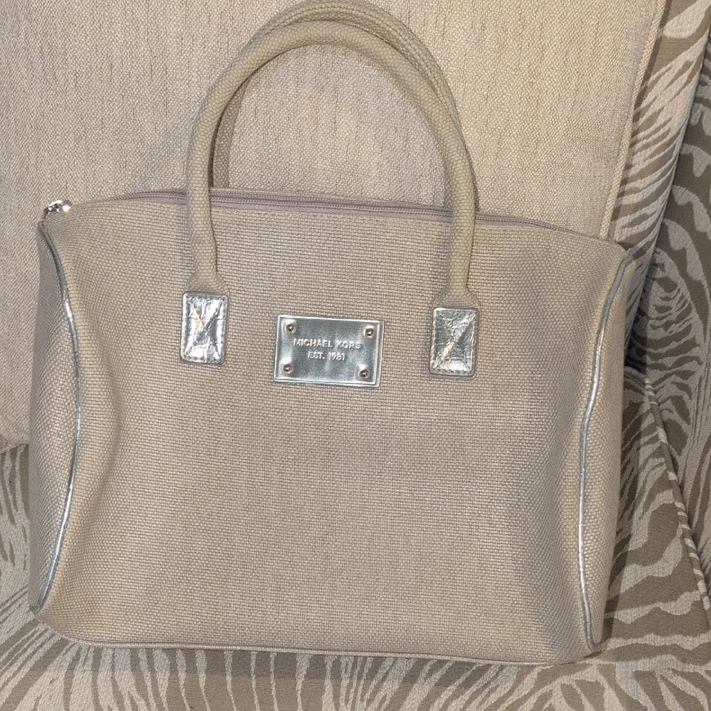 Michael Kors Tan Canvas Satchel with Silver Leather Trim And Details